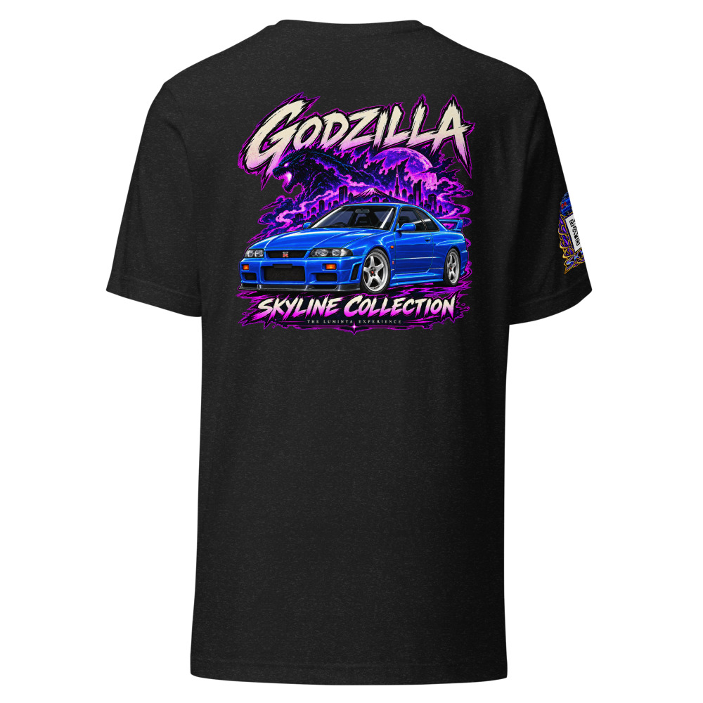 LumiNya Skyline | Godzilla Electric Blue Graphic Tee — Black Heather — Back
